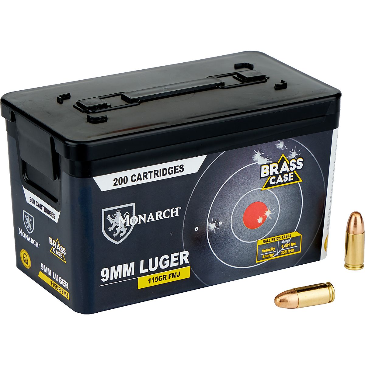 Monarch Brass Case 9mm Luger 115Grain Flip Top Ammunition Can 200