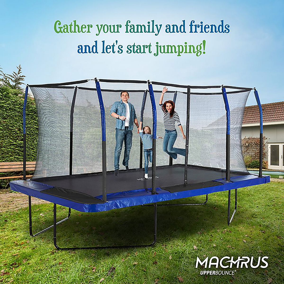 Machrus Upper Bounce 8 ft x 14 ft Rectangular Gymnastics Style Trampoline with Enclosure Academy
