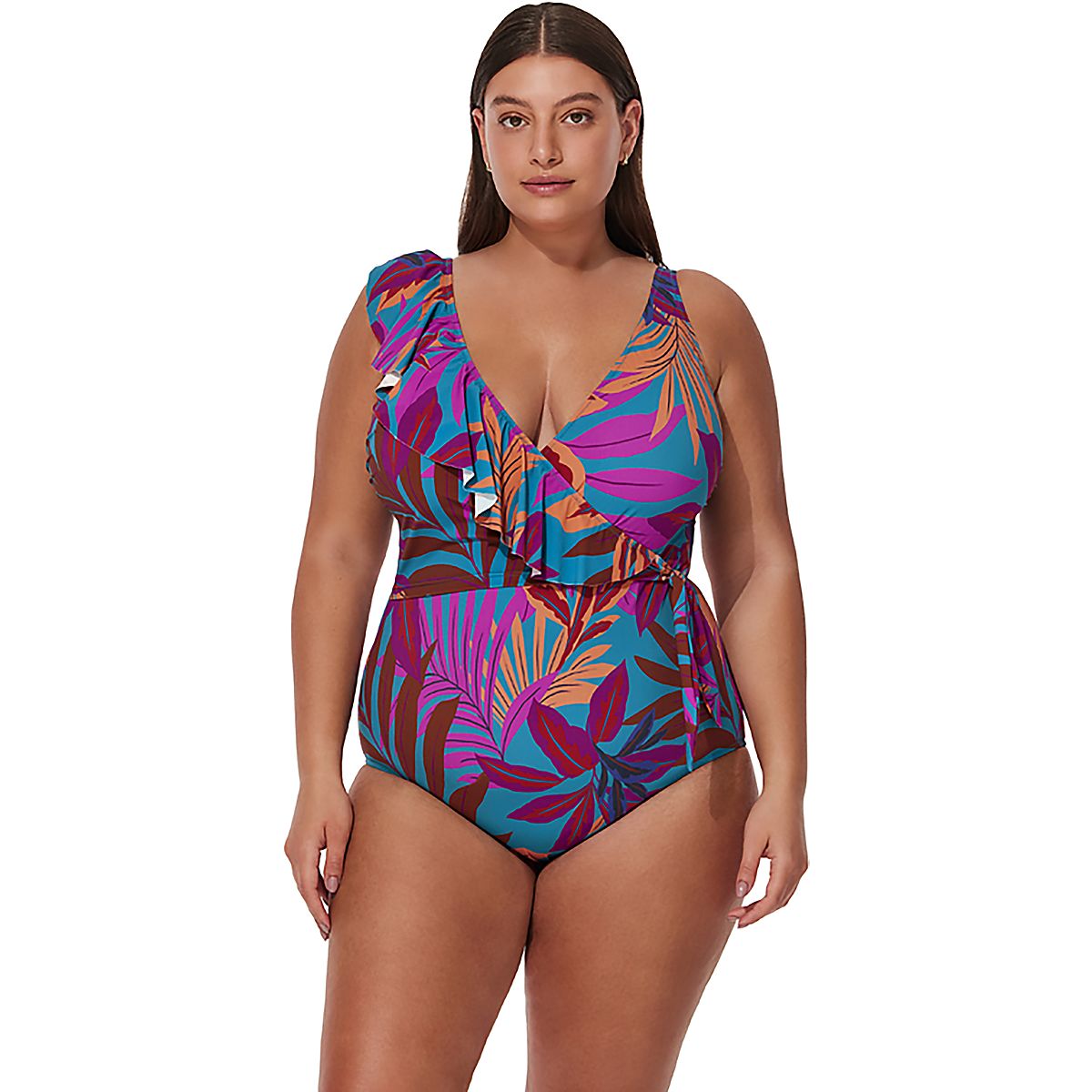 Gottex Women's Plantopia V-neck Surplice Ruffle Plus Size 1-Piece