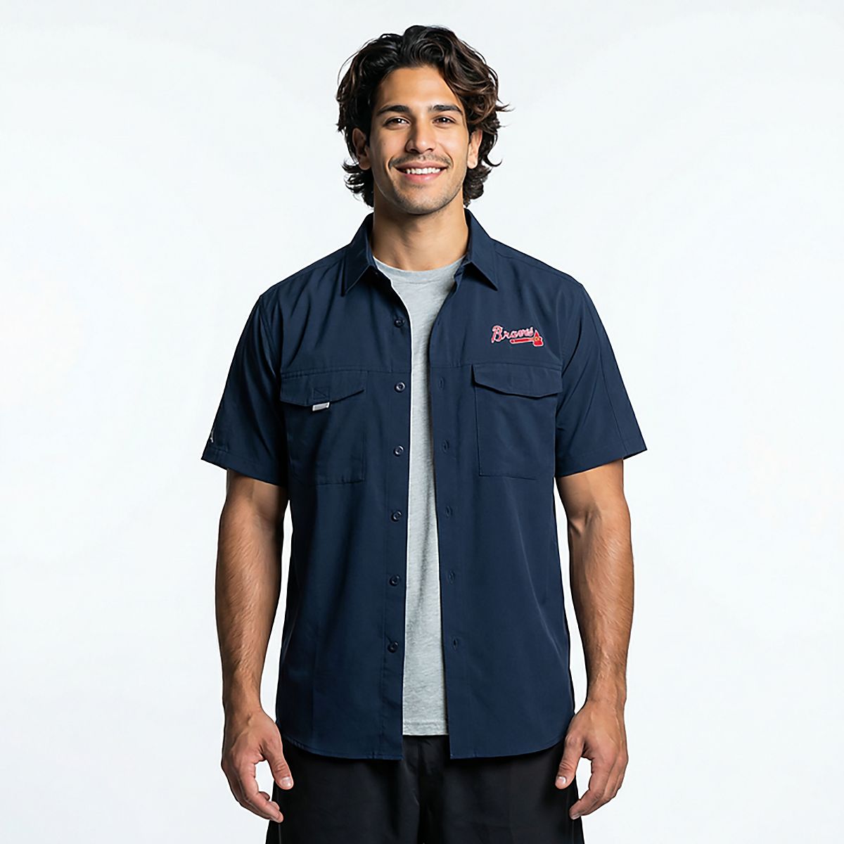 Antigua Men's Atlanta Braves Pinch Hitter Woven Fishing Button-Down Shirt