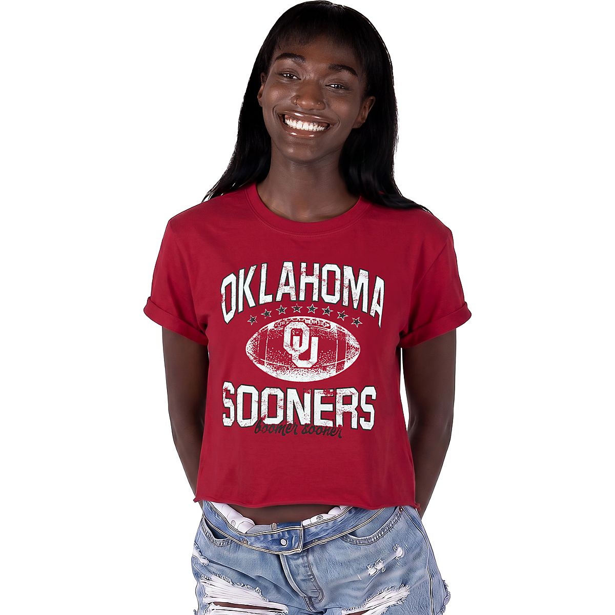 ZooZatz Women's University of Oklahoma Primetime Football Crop Graphic T-shirt