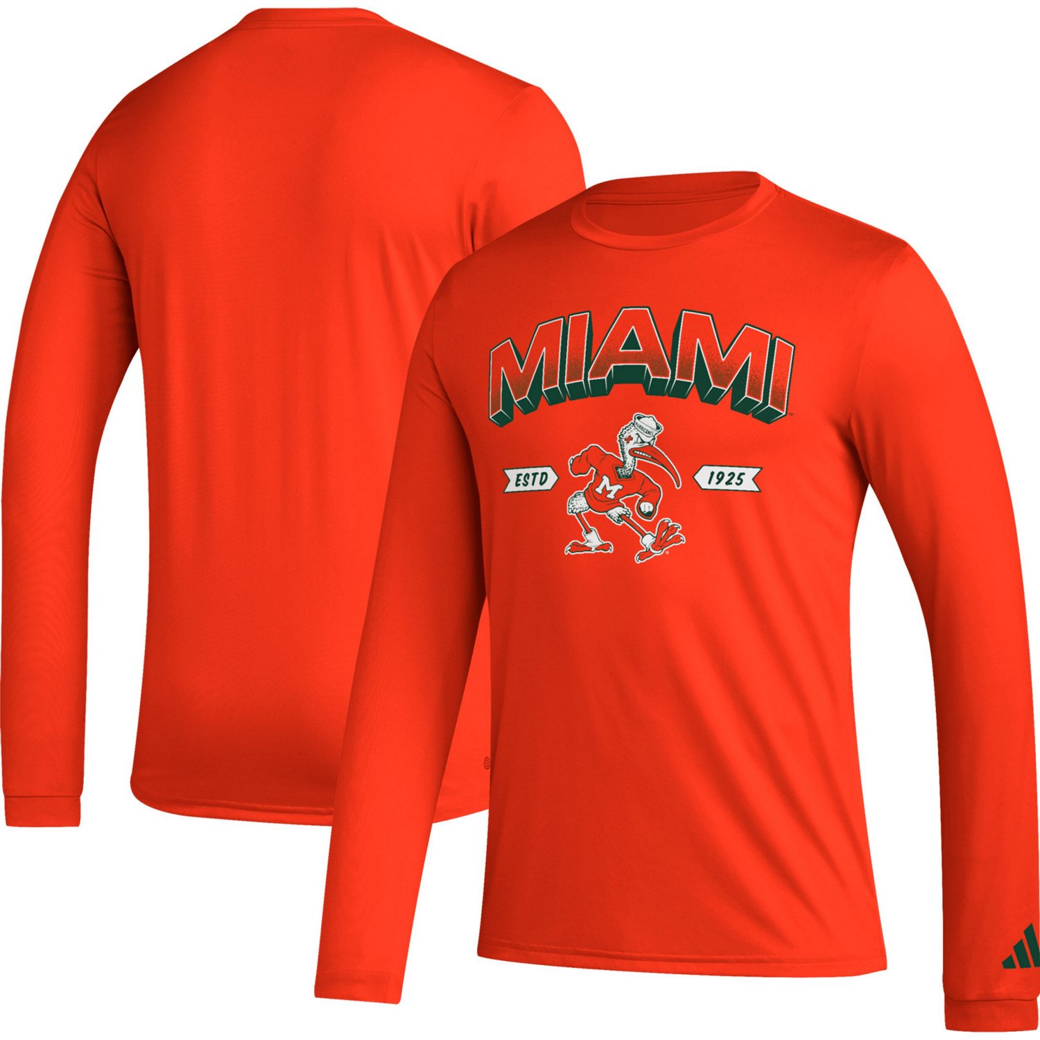 Adidas Miami Hurricanes Mighty Mascot Pregame Long Sleeve T-Shirt | Academy